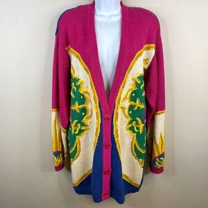 Vintage Baroque Baggy Bold Mid Length Sweater Large Bright Embroidered Cardigan
